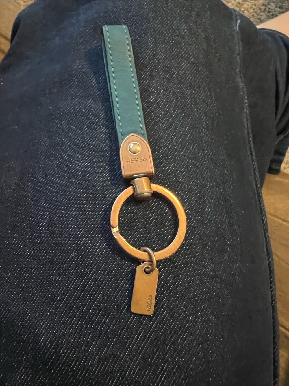 Coach Vintage Teal Leather Key Ring with Brass Hardware